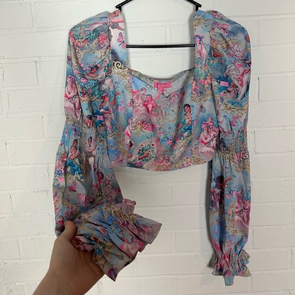 NWT Sugar Thrillz Baroque Pattern Puff Sleeve Crop Top - Picture 2 of 6